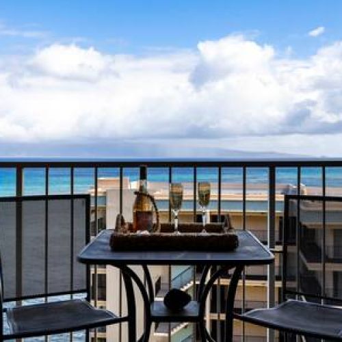 Private lanai with an ocean and surround island views. Cheers to your Maui memories!