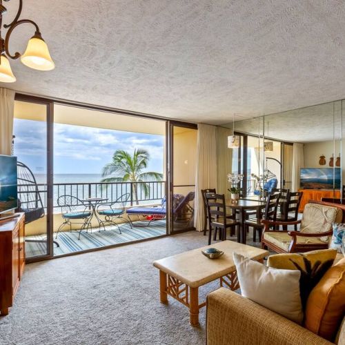 Plenty of seating in this oceanfront living room.