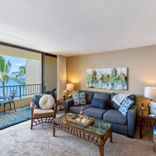 Living features a coastal aesthetic, sofa sleeper, TV, and more.