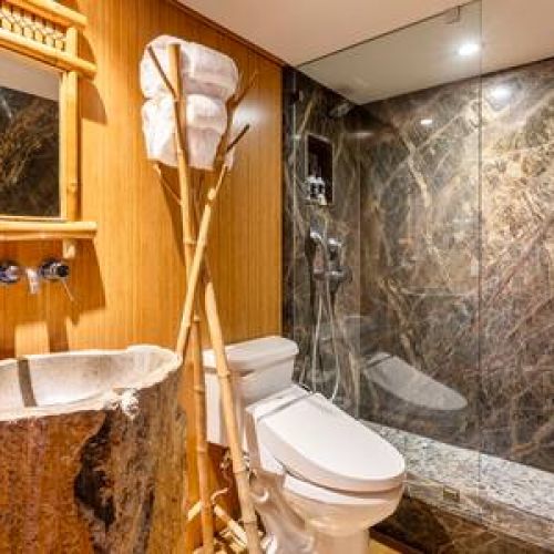 Beautiful island remodeled bathroom with Toto toilet.