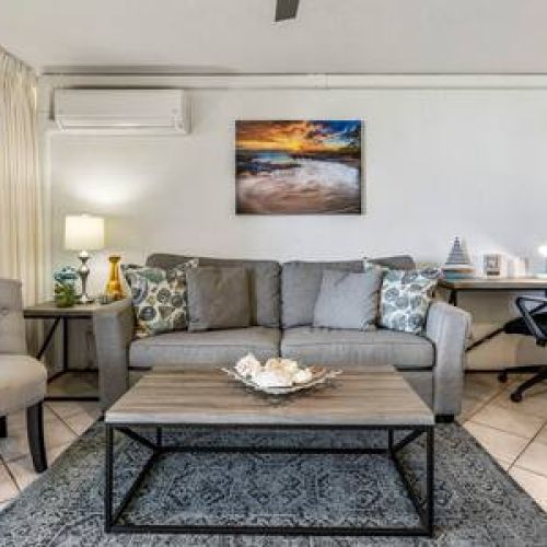 Queen size sofa sleeper and designated work space.