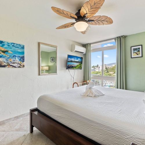 Bedroom features AC and ceiling fan to keep cool year round