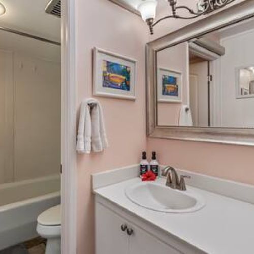 Second bathroom features a tub/shower combo, single sink vanity, and lux organic bath products