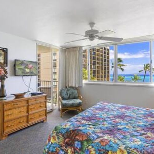 Stay comfortable with a King size bed, central AC, ceiling fan, TV, and lanai access
