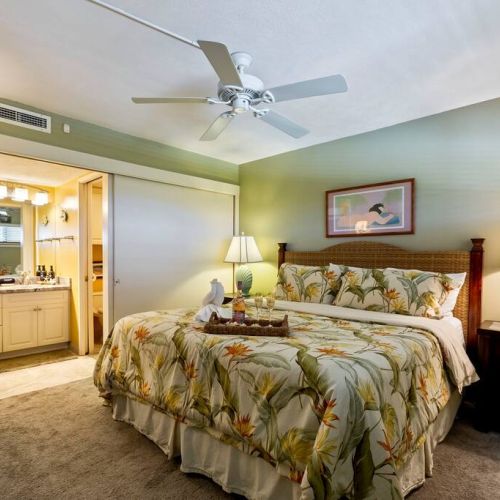 Bedroom features king size bed, nightstands, dresser, TV, ceiling fan, and central AC.