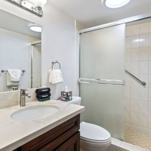 Bathroom with walk in shower and luxury organic bath essentials