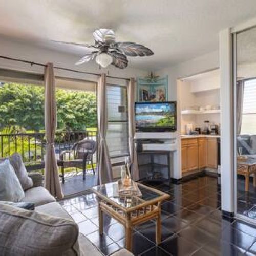 Keep comfortable in the living area featuring Cable TV, ceiling fan, & window AC.