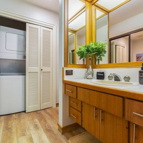 In unit washer/dryer in guest bathroom.