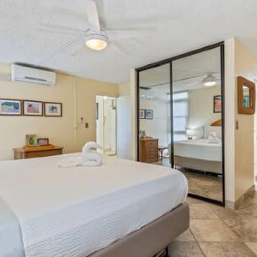 Bedroom features a king size bed, split AC, ceiling fan, window shades, and plenty of storage.
