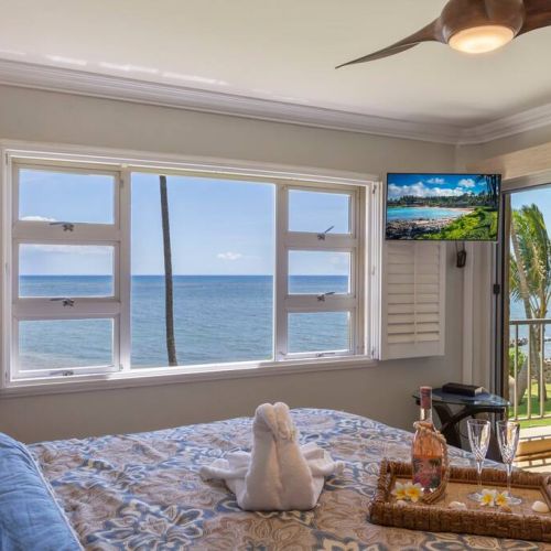 Ocean view and lanai access from this back bedroom.