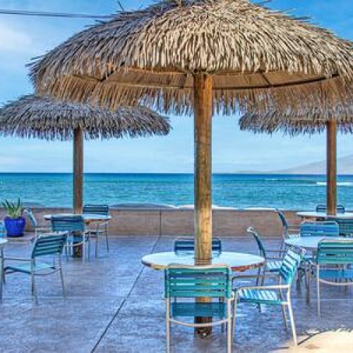 Plenty of ocean view seating and palm thatch umbrellas