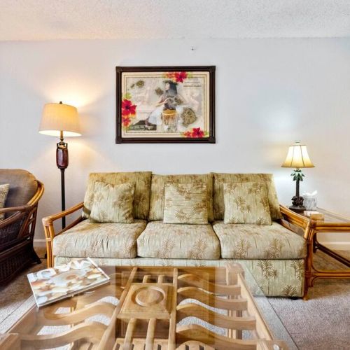 Queen size sofa sleeper in air-conditioned living room. This unit can accommodate 6 people.