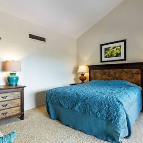 Upstairs spacious primary bedroom features a queen bed, central AC, and private lanai