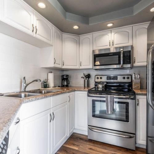 Fully equipped kitchen with fridge, freezer, dishwasher, microwave , and oven.