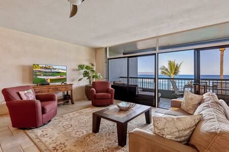 Stunning ocean view from the living area in this private corner condo.