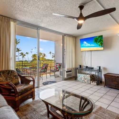 Living area features lots of natural light, window AC, smart TV with cable, and ceiling fan.