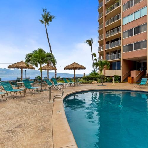 Resort pool area with a view.