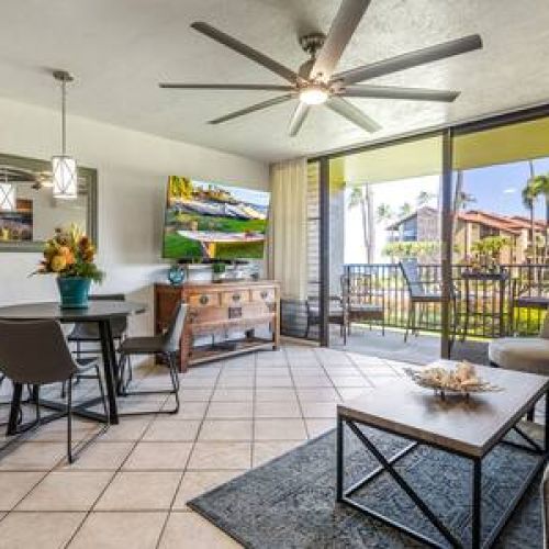 Living room features smart TV w/cable, oversized fan, dining table, sofa sleeper, and work desk.