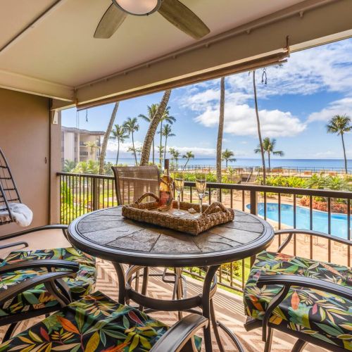 Admire ocean view sunsets, seasonal whale watching, sailboats, and surrounding islands from your private lanai.