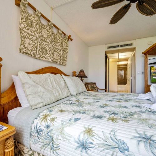 Master bedroom features king size bed, sitting chair, ceiling fan, central AC, and TV.