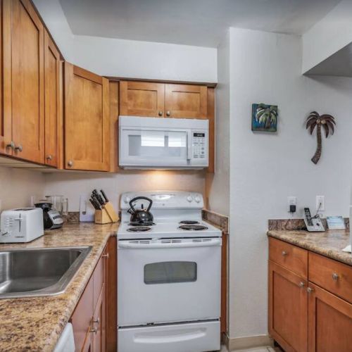 Fully equipped kitchen for a home cooked meal.