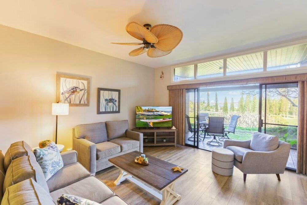 Beautiful bright living area with smart TV and sofa sleeper