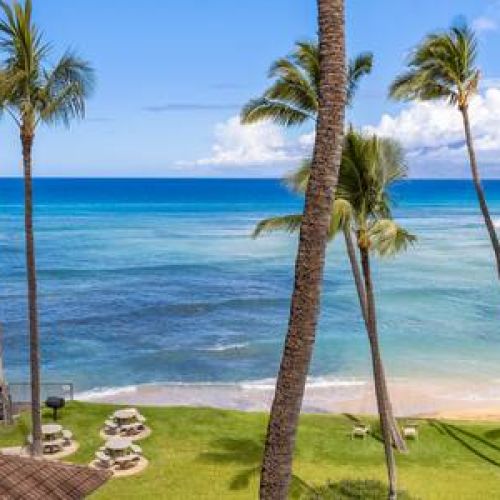 Hale Mahina beach area with picnic tables, charcoal BBQ, and sun loungers