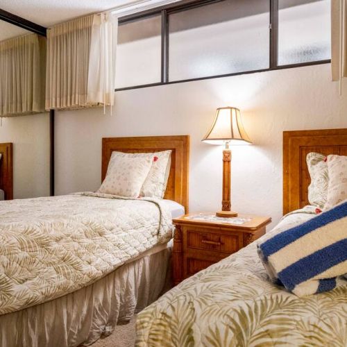 Two twin beds in second bedroom with TV, ceiling fan, and central air conditioning.