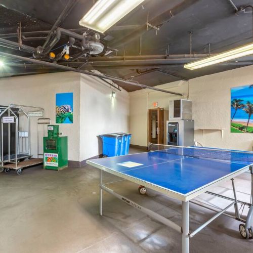Ping pong, ice machine, vending machines, and luggage carts located in basement level.