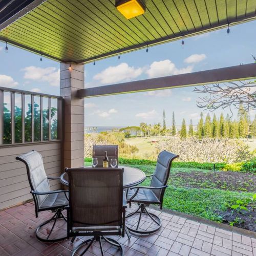 Lanai features party lights and plenty of seating