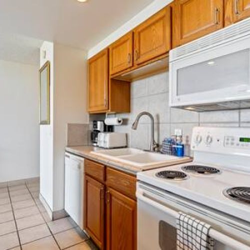 Kitchen features oven, dishwasher, microwave, and fridge/freezer