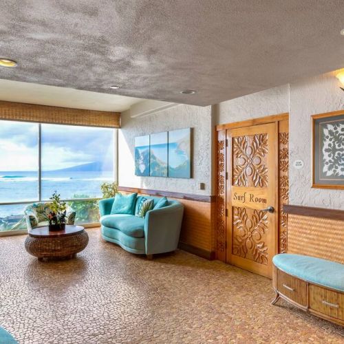 Beautiful ocean view resort lobby.