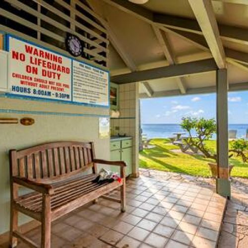 Outdoor kitchen area near pool