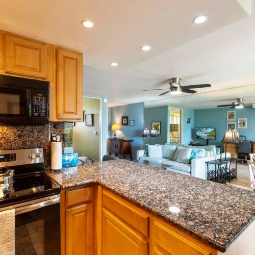 Open living area into the kitchen