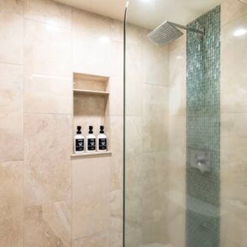 Custom walk in shower with lux organic bath products