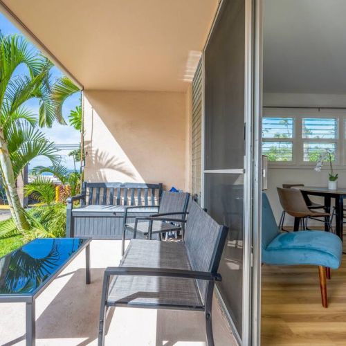 Indoor, outdoor living at its best and ocean view from lanai, living room area, and kitchen.