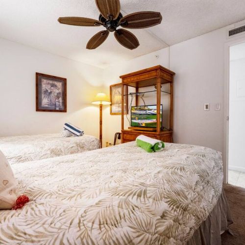 Two twin beds in second bedroom with TV, ceiling fan, and central air conditioning.