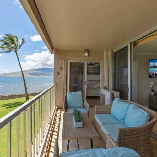 The lanai can be accessed by 2 bedrooms and the living area.