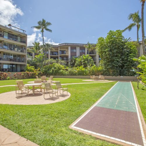 Grass area with sitting and shuffle board