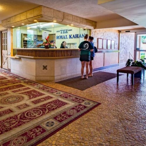 Front desk and elevators in the lobby