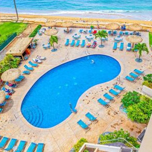 Aerial view of Royal Kahana ocean front pool area