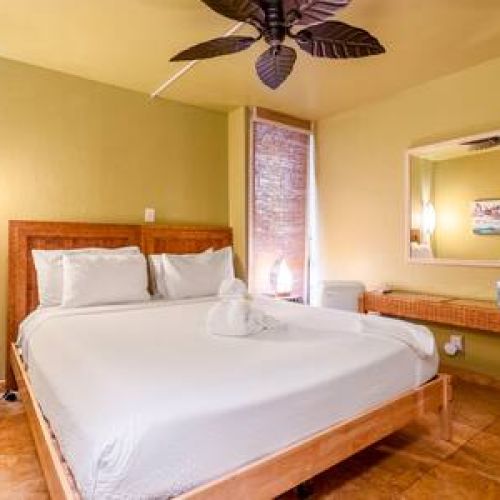 Bedroom features king size bed, ceiling fan, window AC unit, usb chargers, and TV