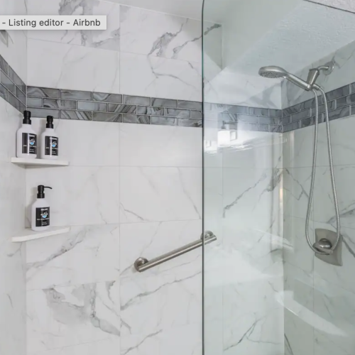 Custom walk in shower with luxury organic bath essentials