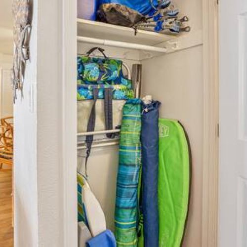 Beach chairs, umbrella, and cooler for your use. (we no longer stock boogie boards)