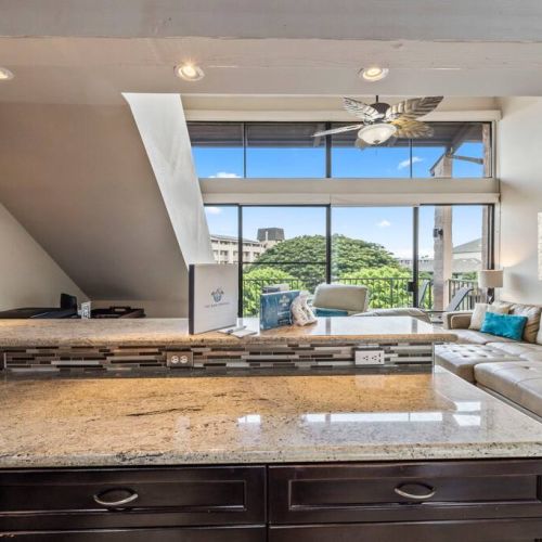 Kitchen overlooking living area.