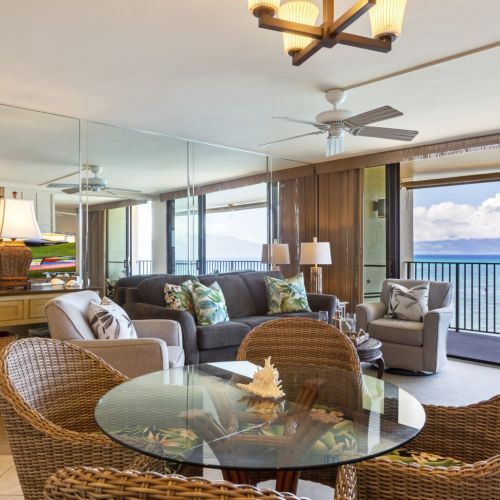 Interior dining table with ocean view