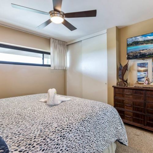 Bedroom features ceiling fan, central AC, closet, dresser, and TV.