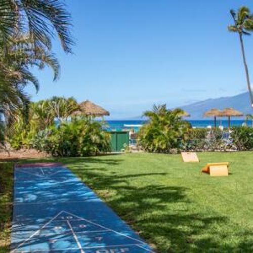 Shuffle board, corn hole, and outdoor shower