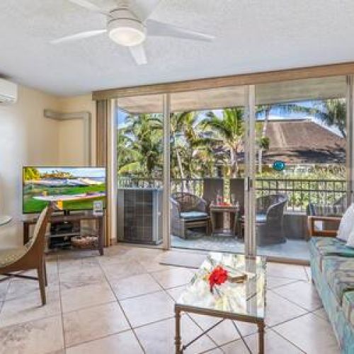 Living area features a smart TV with cable