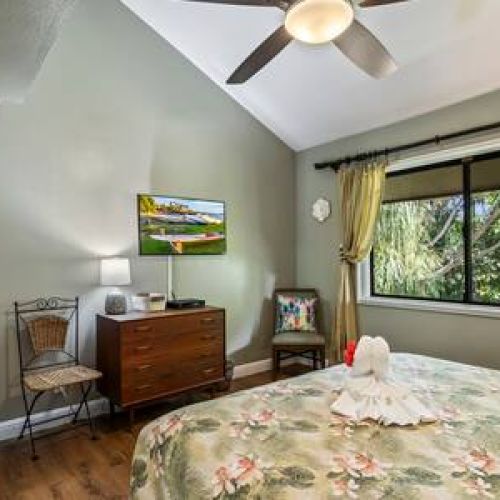 This room also features TV with cable, ceiling fan, and window coverings